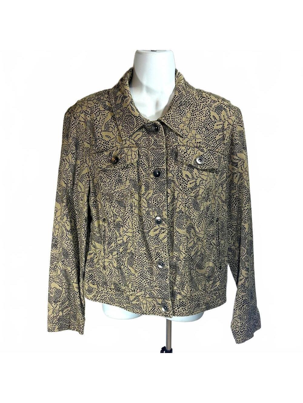 Medium Christopher & Banks Women's Tan Denim Jacket floral dot pattern vguc